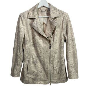 Chicos tan faux suede moto jacket small snake print preppy old money quiet luxur